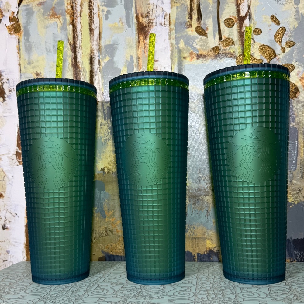 Starbucks Mountain Dew Neon Green Disco Grid Tumbler Bundle